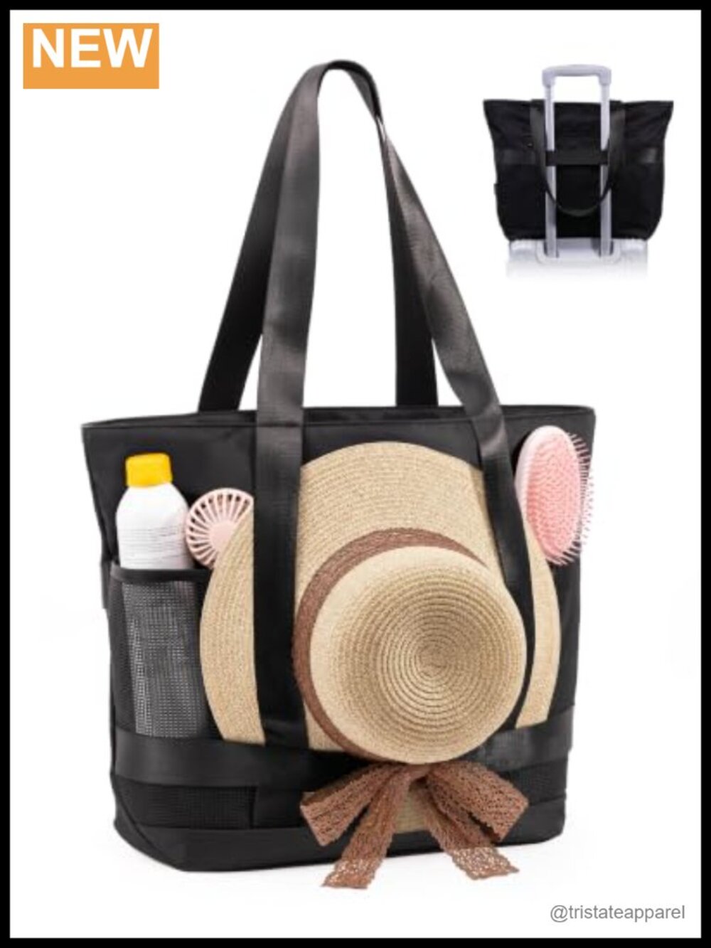 Sandproof Mesh Beach Tote with Waterproof Bottom, 8 Pockets, Luggage Sleeve
